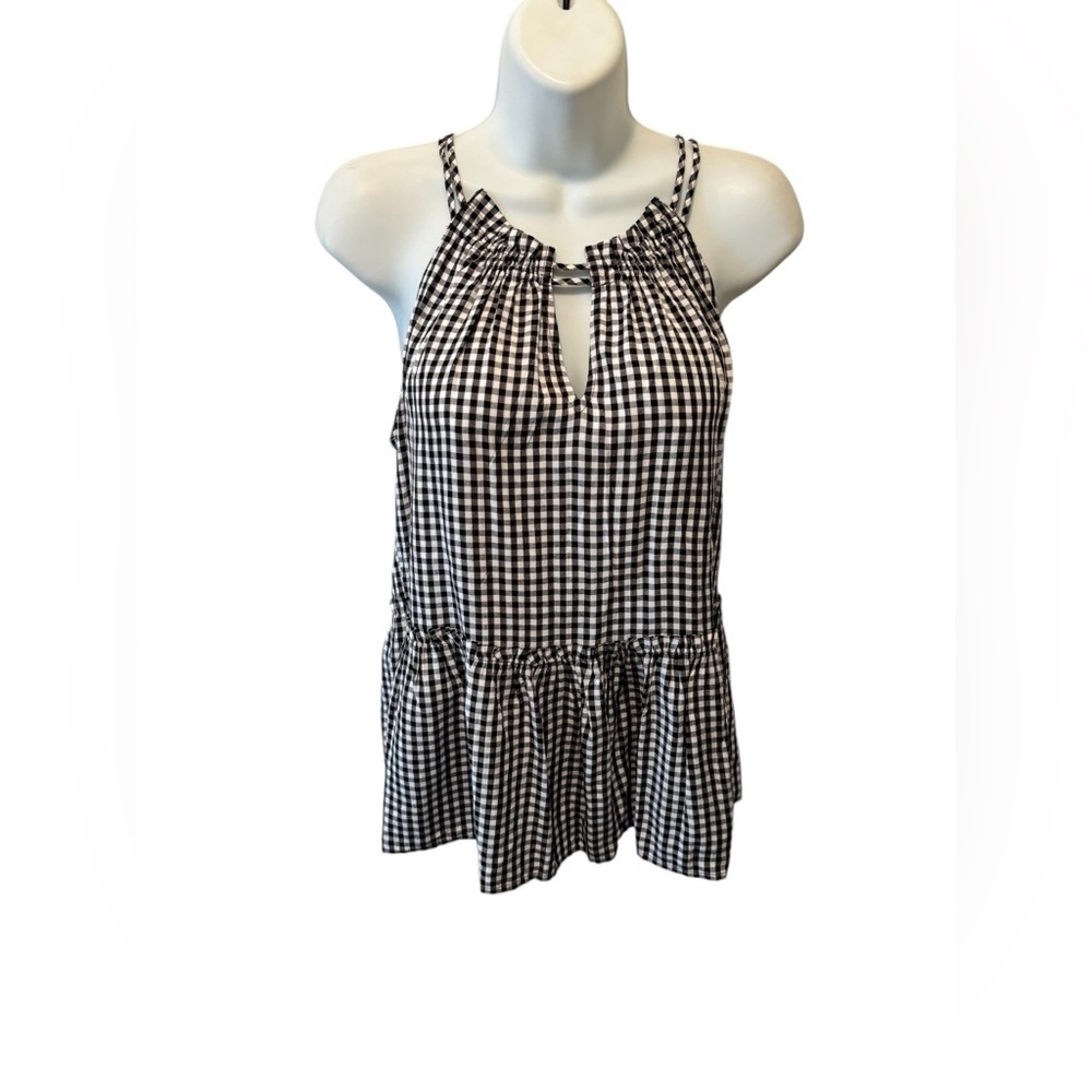 Loft Gingham Strappy Tank W/Peplum Hem S Black White Halter Cami Cottagecore